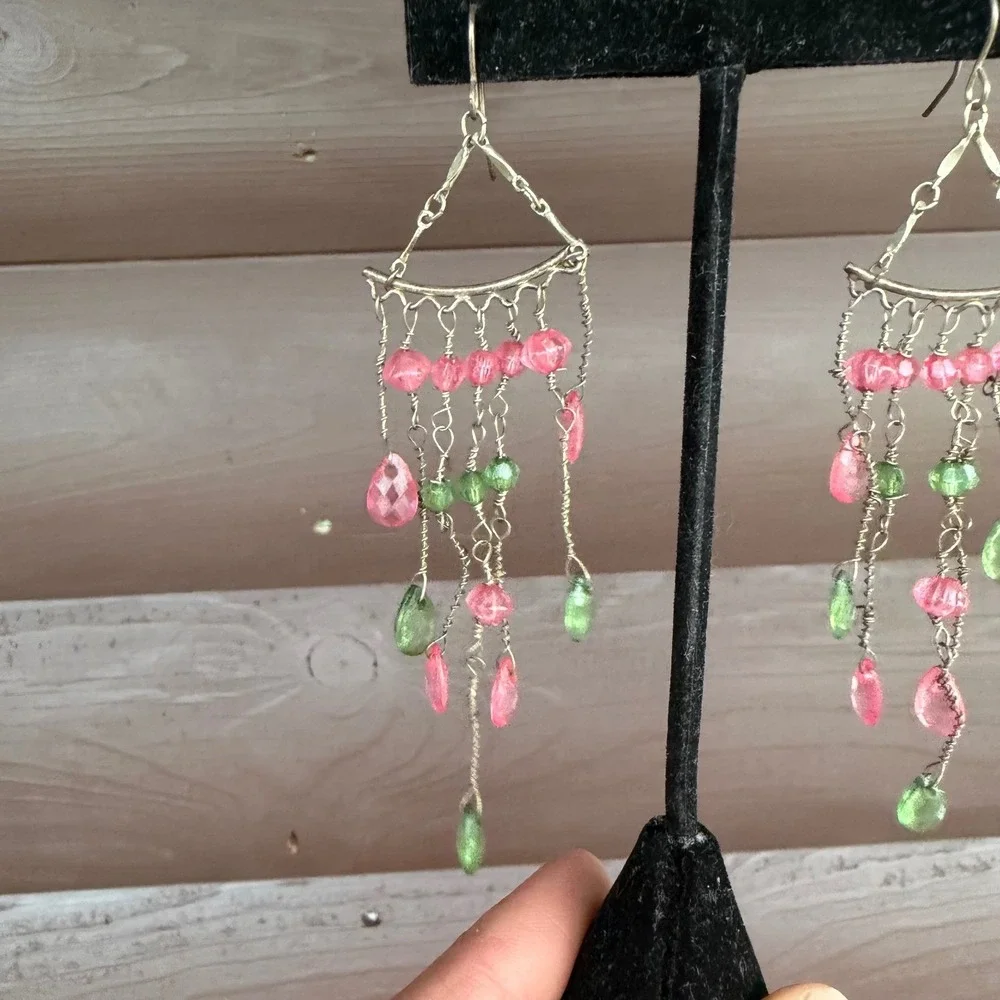 Chandelier Drop Earrings Womens Pink Green Beaded Boho Dangle Waterfall 3.5